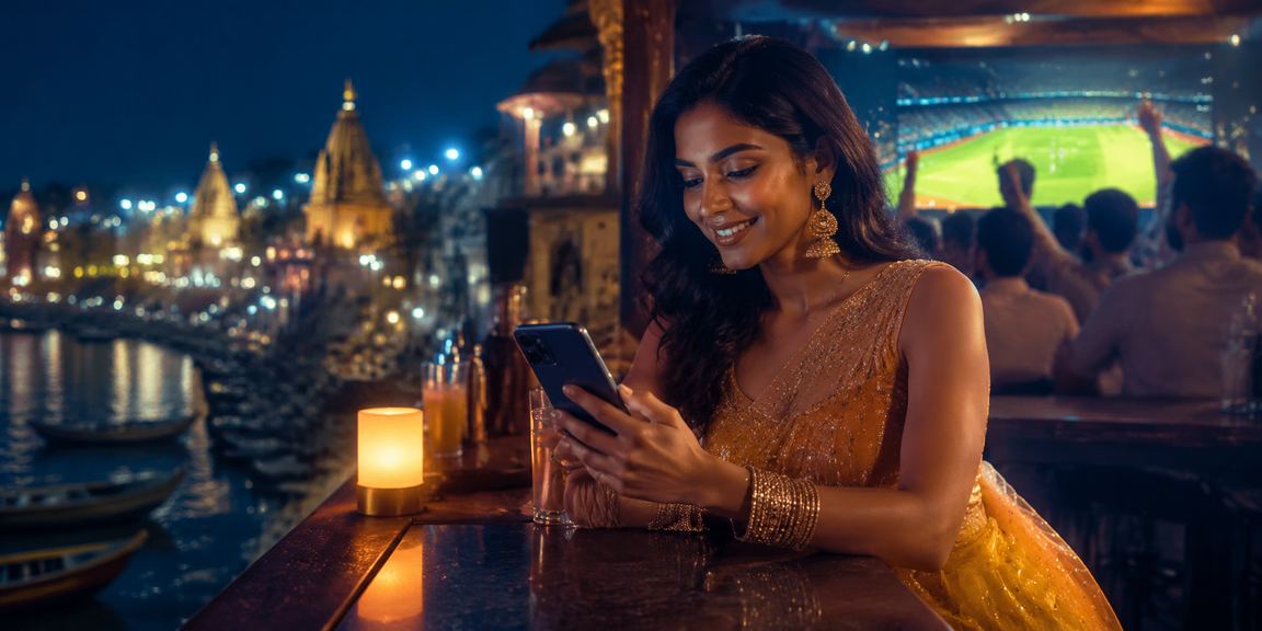 Woman watching cricket and placing bets near Varanasi’s ghats